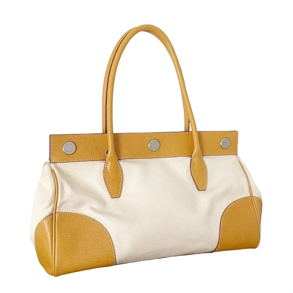 Prada Canapa canvas and orange leather button detail satchel bag
